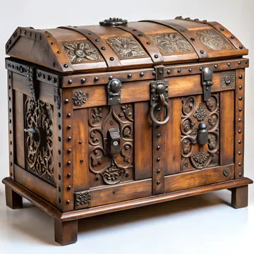 Medievalstyle wooden chest with iron fittings and intricate carvings