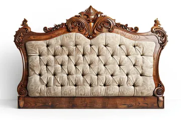 Ornate Wooden Bed Headboard with Upholstered Backrest