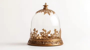 Elegant glass cloche with gold ornate base and lid