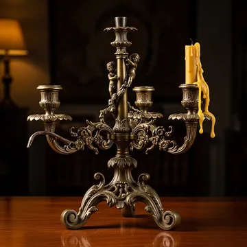 Antique Ornate Bronze Candelabra with Dripping Candle