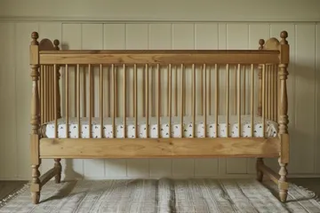 Wooden crib with patterned sheet on a rug