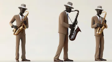 Cool jazz musician playing the saxophone Hes wearing a suit and sunglasses Hes got a great style and hes really feeling the music