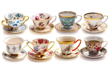set of vintage grannys antique tea coffee cups with gold rim isolated on white background