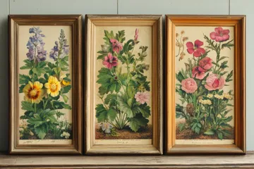 Antique Botanical Prints Framed on Wooden Wall