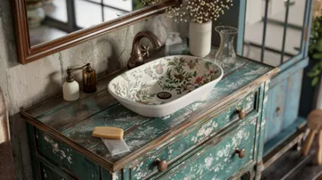 A weathered vintage vanity with distressed paint and a floral ceramic basin adding a touch of oldworld charm to a modern bathroom