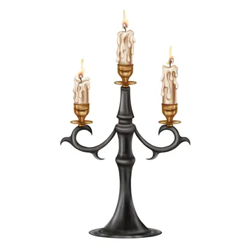 Golden and black metal candelabra with a long burning candle Decoration in victorian gothic old