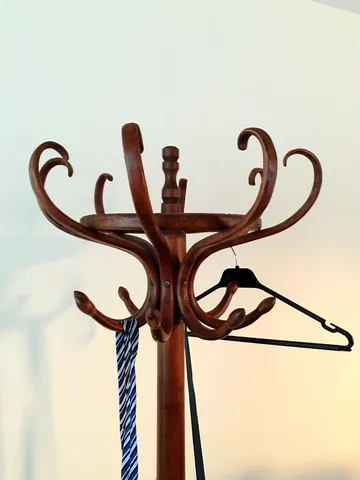 Neckties and coathanger hanging on clothes rack against white wall