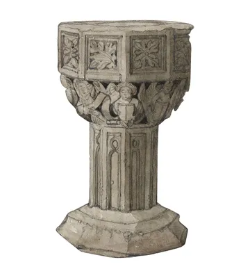 Gothic Stone Baptismal Font with Carved Angels and Foliage