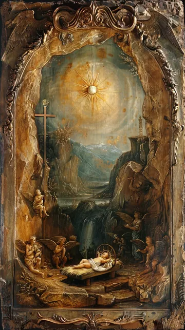 Religious Renaissance Art Depicting Nativity Scene with Angelic Figures and Sunburst