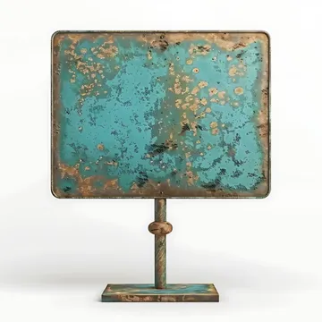 a blue metal stand with a sign that says rust on it