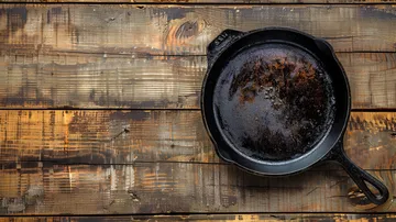 Flat lay of old vintage black castiron frying pan isolated on retro wooden background with copy spac