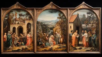 Triptych Painting Depicting Biblical Scenes with Figures in a Landscape Setting