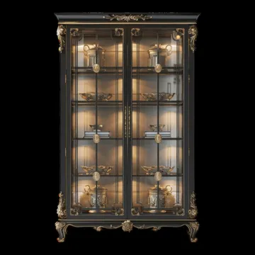 Ornate glass display cabinet with elegant lighting